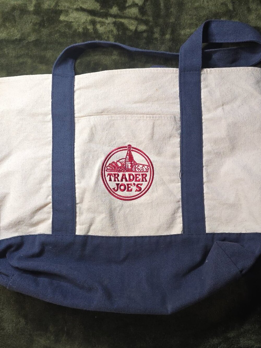 Trader Joe's Large Canvas Tote Bag Navy & Cream Embroidered Logo Reusable Grocer